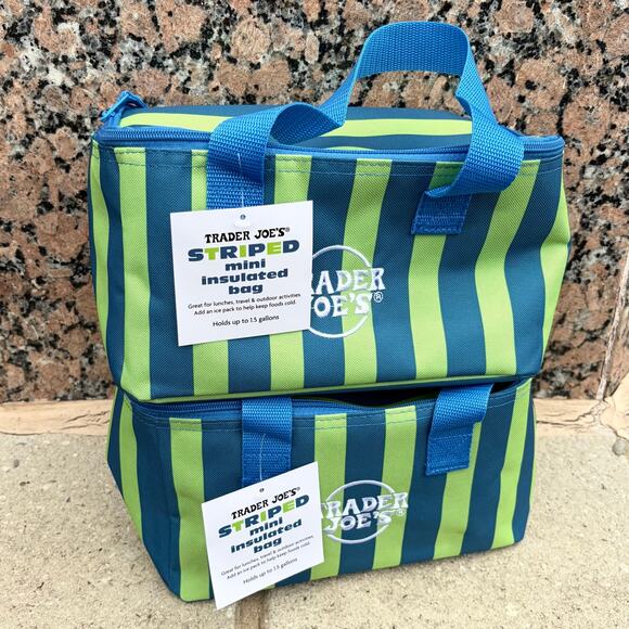 Trader Joe's Handbags - Set of 2 Trader Joe’s Mini Insulated Cooler Bag Shopping Tote STRIPED BLUE GREEN